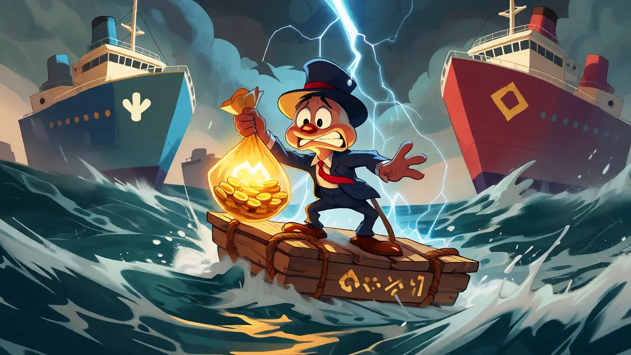 Nervous investor on a raft amidst a stormy crypto sea