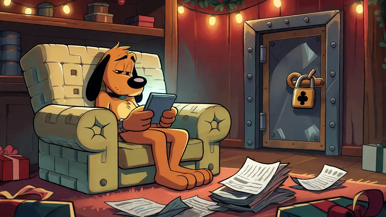 Relaxed cartoon dog on a blockchain chair ignoring scam flyers near a secure vault.