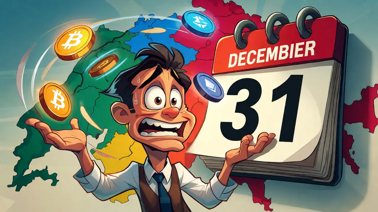 Stressed cartoon investor juggling crypto tokens near a December 31st calendar