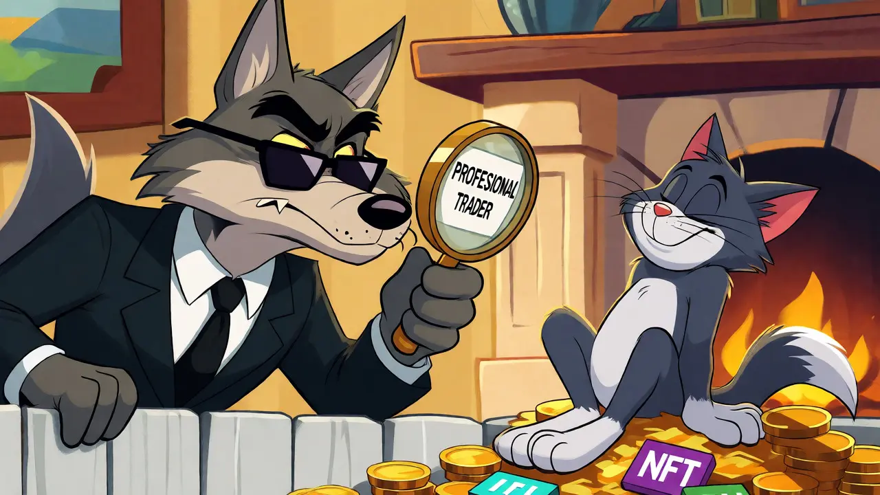 Wolf scrutinizing a relaxed cat holding crypto assets in a living room